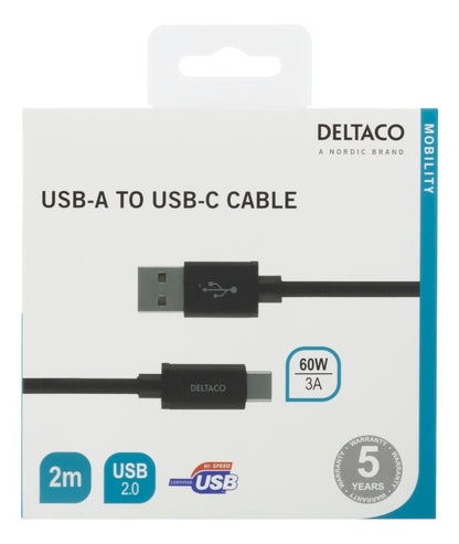 DELTACO USBC-1134M, USB-A naar USB-C-kabel, gevlochten, zwart - 2 meter