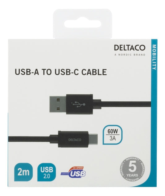 DELTACO USBC-1134M, USB-A naar USB-C-kabel, gevlochten, zwart - 2 meter