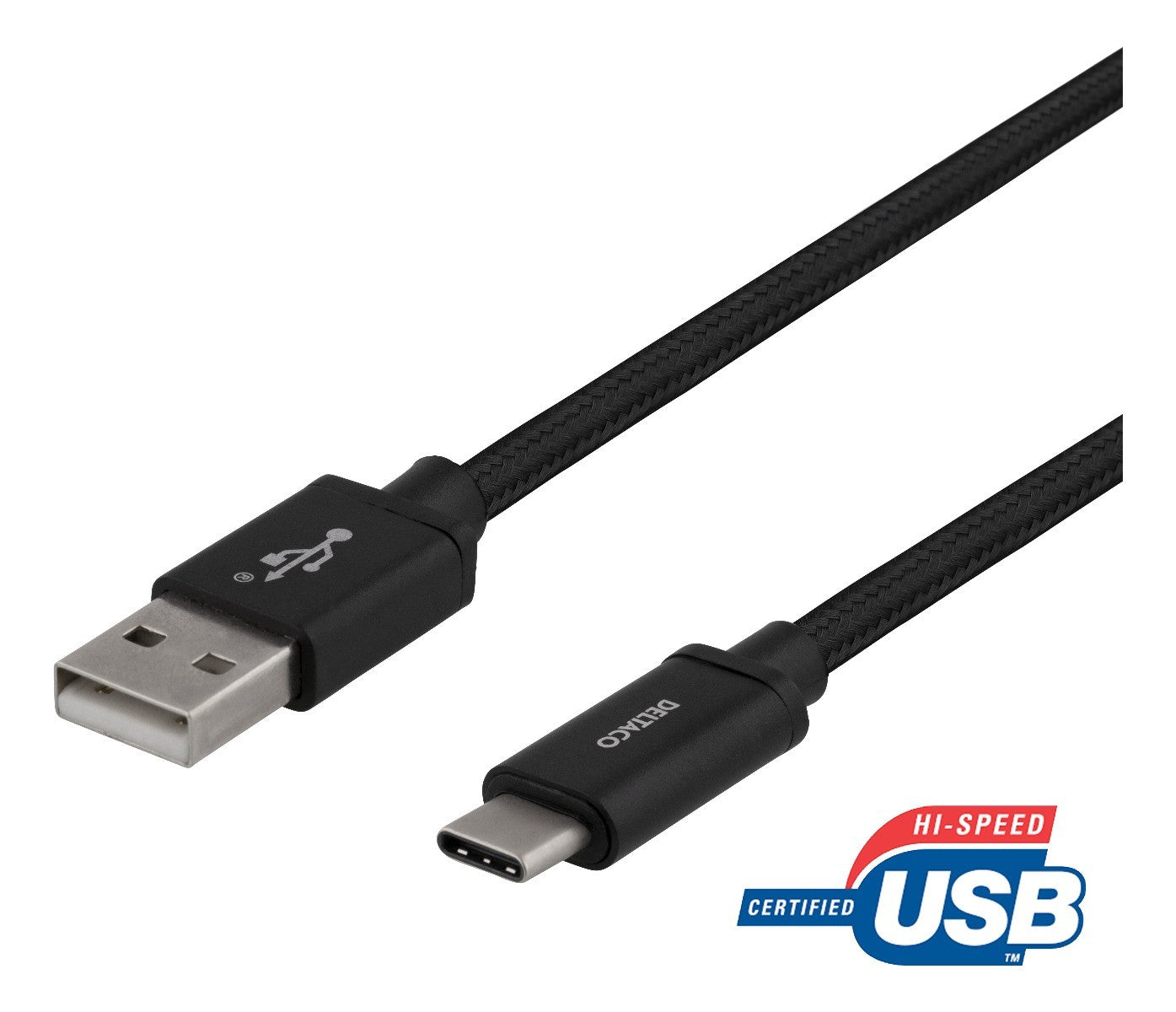 DELTACO USBC-1134M, USB-A naar USB-C-kabel, gevlochten, zwart - 2 meter