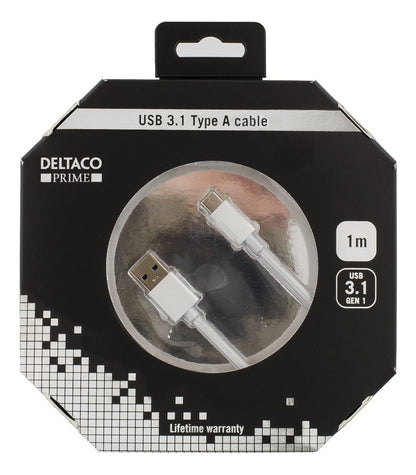 DELTACO USBC-1257, stoffen USB-C kabel, USB 3.1 Gen 1 naar USB Type C zilver, 1 meter