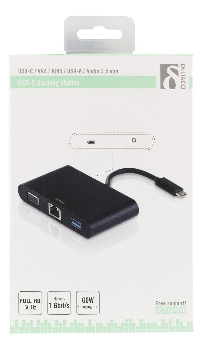 DELTACO USBC-1268 USB-C Docking station met VGA, RJ45, 1xUSB Type A, USB-C-poort voor opladen, 3,5 mm, zwart