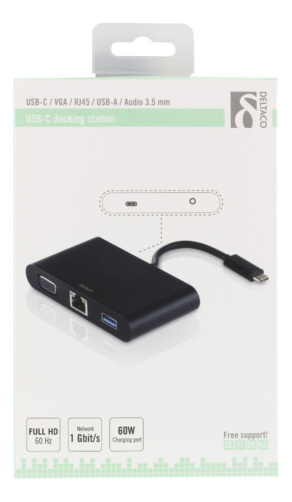 DELTACO USBC-1268 USB-C Docking station met VGA, RJ45, 1xUSB Type A, USB-C-poort voor opladen, 3,5 mm, zwart