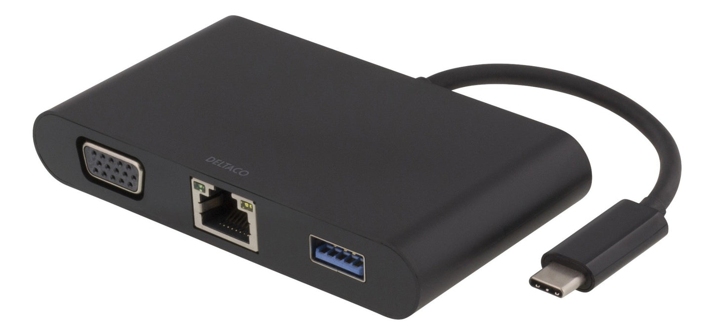 DELTACO USBC-1268 USB-C Docking station met VGA, RJ45, 1xUSB Type A, USB-C-poort voor opladen, 3,5 mm, zwart