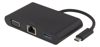 DELTACO USBC-1268 USB-C Docking station met VGA, RJ45, 1xUSB Type A, USB-C-poort voor opladen, 3,5 mm, zwart
