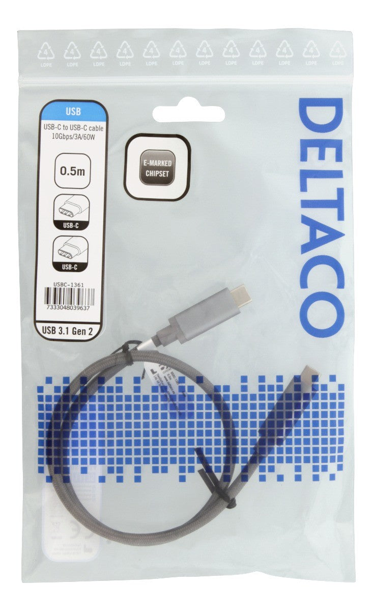 DELTACO USBC-1361 USB-C to USB-C cable 60W USB PD (3.1 Gen 2) - 0.5m - Gray