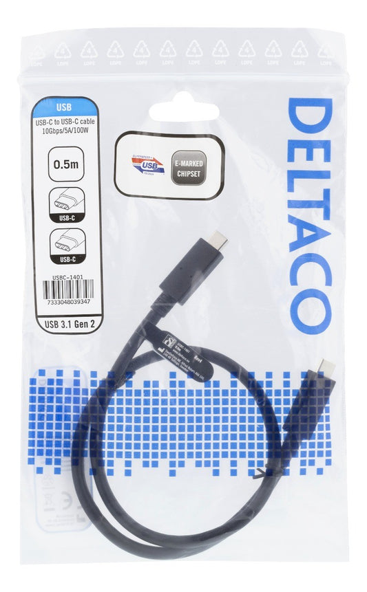 DELTACO USBC-1401, USB-C naar USB-C-kabel, 10 Gbps, USB 3.1 Gen 2, E-Marked, zwart - 0,5 meter