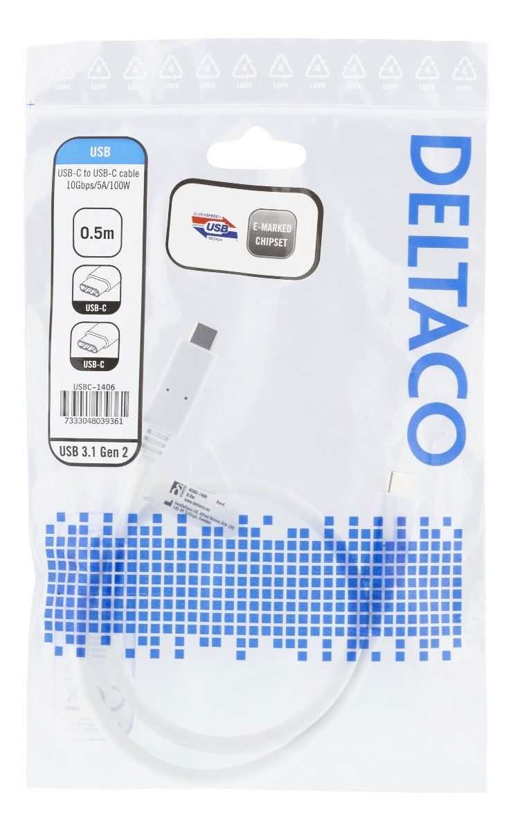 DELTACO USBC-1406, USB-C naar USB-C-kabel, 10 Gbps, USB 3.1 Gen 2, E-Marked, wit - 0,5 meter