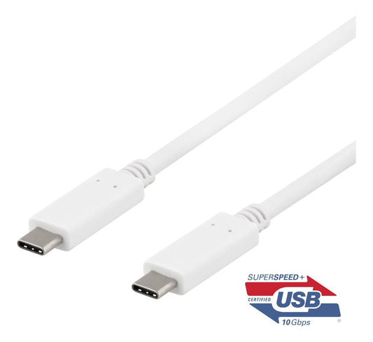 DELTACO USBC-1406, USB-C naar USB-C-kabel, 10 Gbps, USB 3.1 Gen 2, E-Marked, wit - 0,5 meter