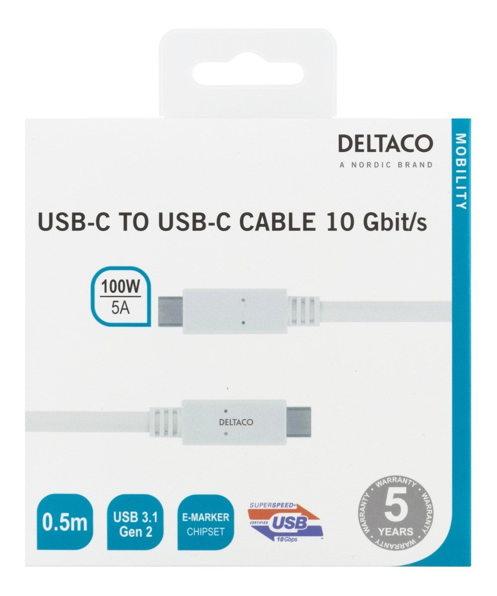 DELTACO USBC-1406M, USB-C - USB-C cable, 10 Gbps, E-marker chipset, white - 0.5m