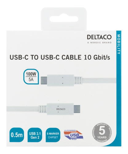 DELTACO USBC-1406M, USB-C - USB-C cable, 10 Gbps, E-marker chipset, white - 0.5m