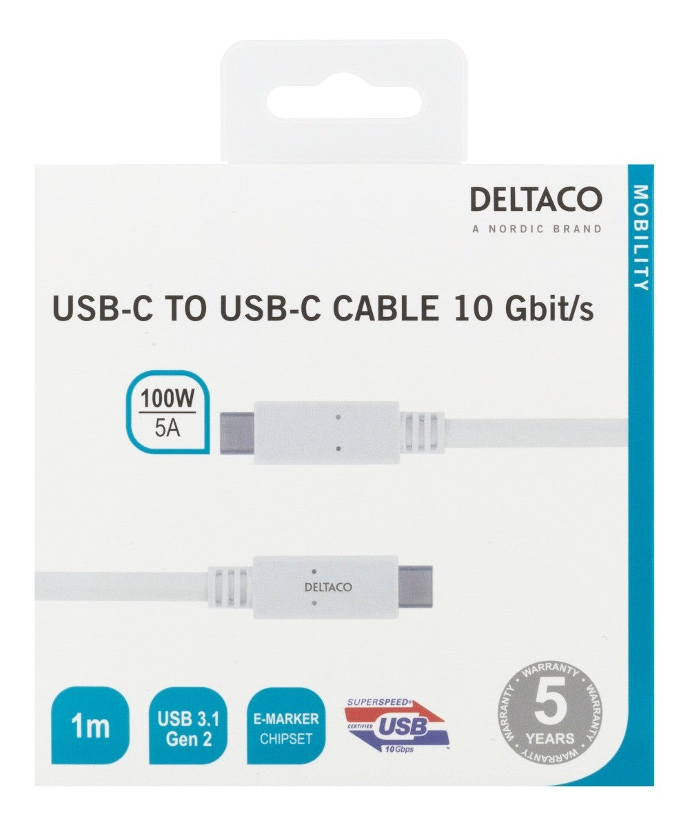 DELTACO USBC-1407M, USB-C - USB-C-kabel, 10 Gbps, E-marker chipset, wit - 1m