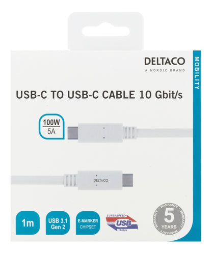 DELTACO USBC-1407M, USB-C - USB-C-kabel, 10 Gbps, E-marker chipset, wit - 1m