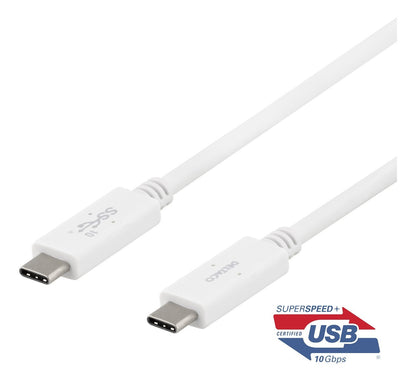 DELTACO USBC-1407M, USB-C - USB-C-kabel, 10 Gbps, E-marker chipset, wit - 1m