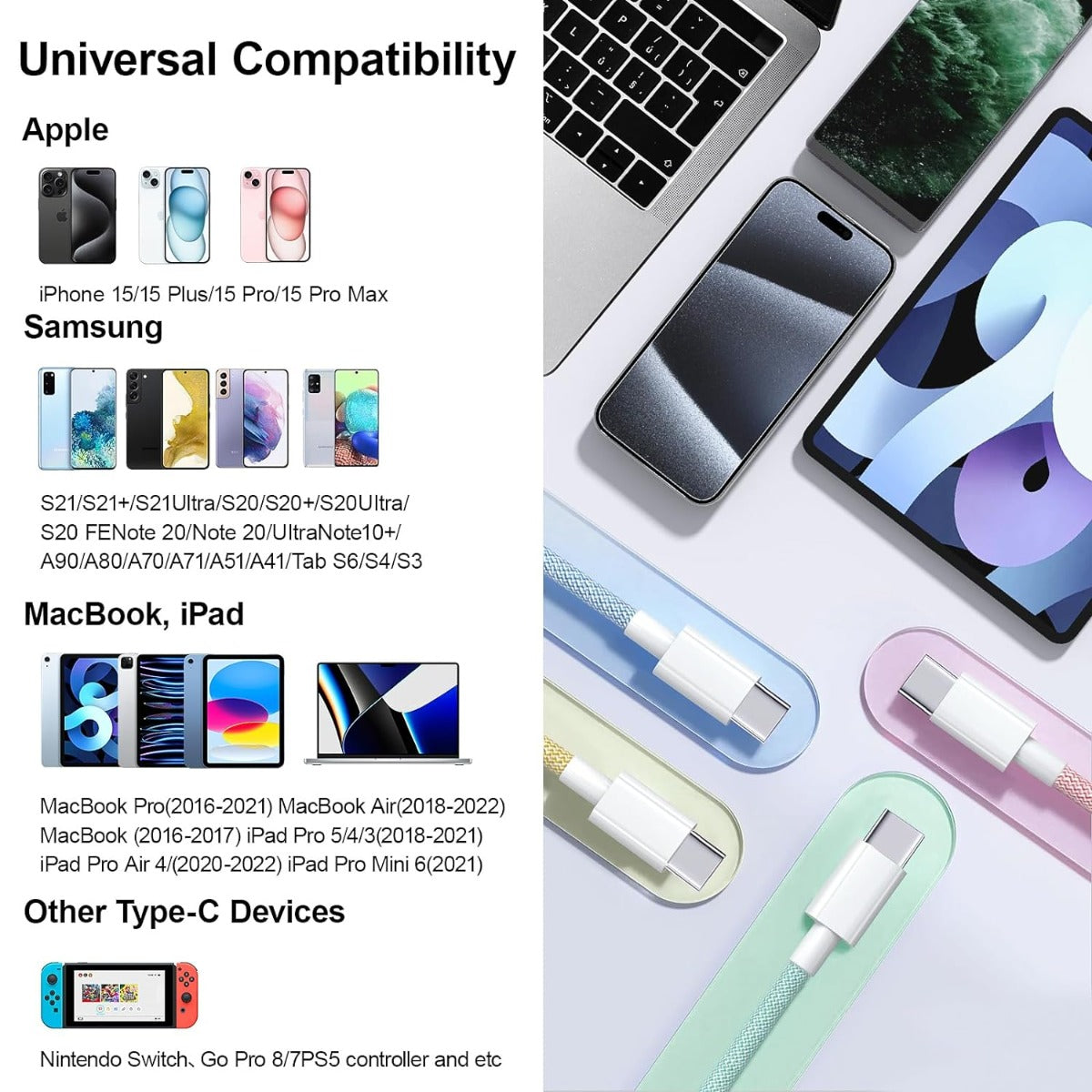 NÖRDIC USBC-511 USB-C naar USB-C Kabel - USB2.0 - 2.4A - 480Mbps - 60W - 1m - Geel