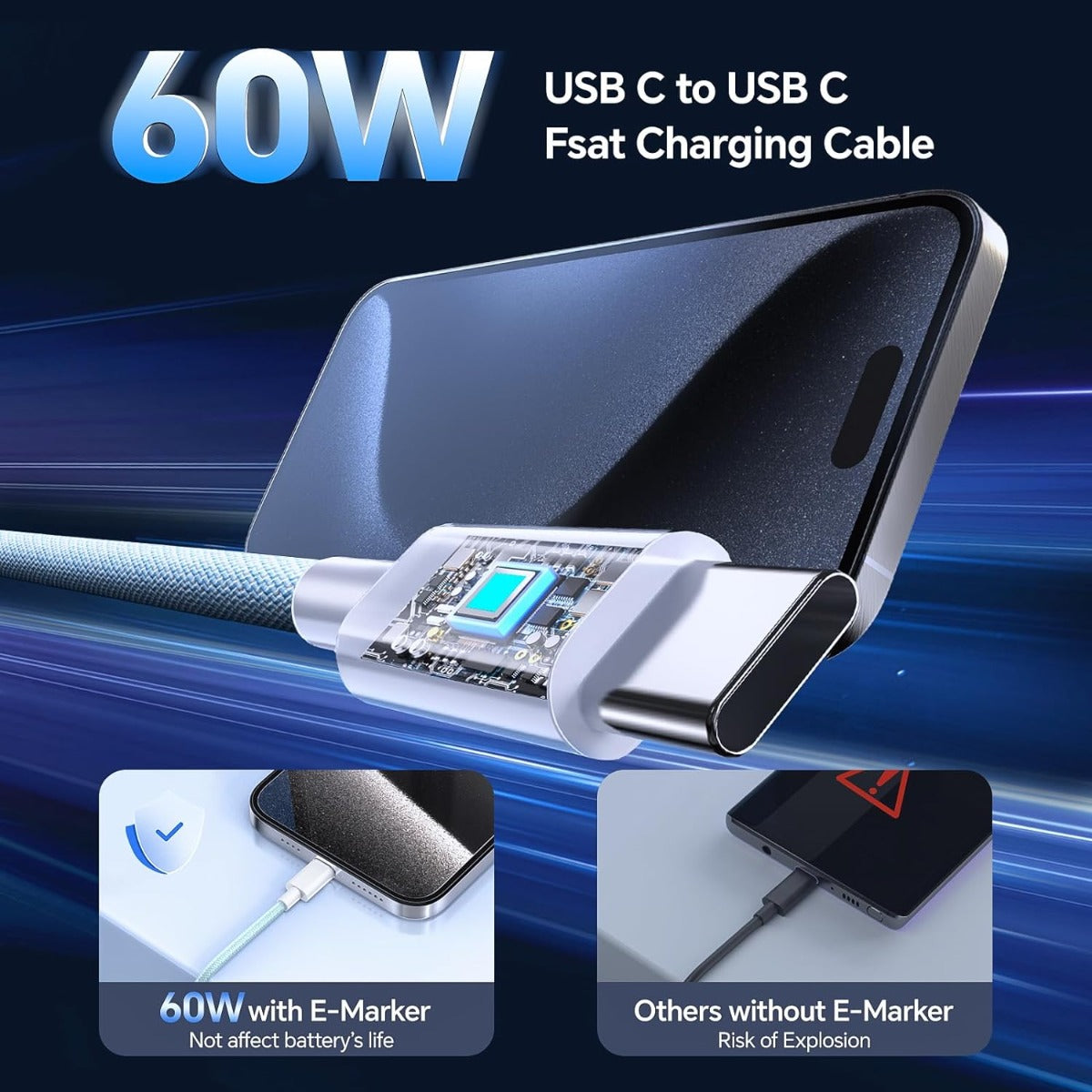 NÖRDIC USBC-511 USB-C naar USB-C Kabel - USB2.0 - 2.4A - 480Mbps - 60W - 1m - Geel