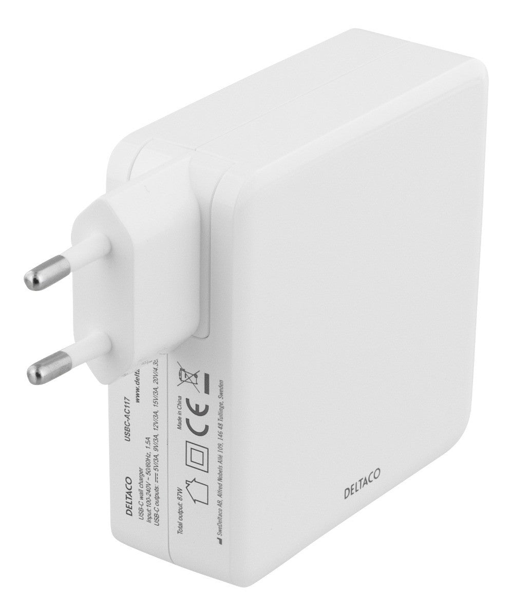 DELTACO USBC-AC117 USB-C Wandlader 87W PD - Snelladen - Voor Macbook / HP / Dell / Asus / Acer / Lenovo / Samsung