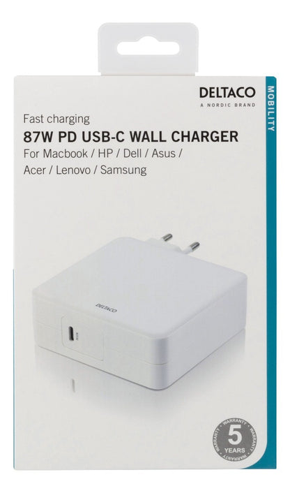 DELTACO USBC-AC117 USB-C Wandlader 87W PD - Snelladen - Voor Macbook / HP / Dell / Asus / Acer / Lenovo / Samsung