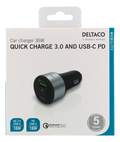 DELTACO USBC-CAR112 Car Charger 36W - USB 3.0 Fast Charger and USB-C Power Delivery - Black