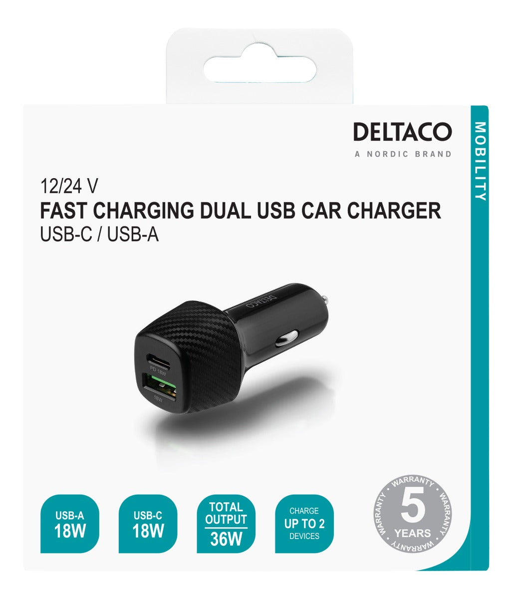 DELTACO USBC-CAR120 Autolader USB en USB-C poort - Snelladen - 36W - Zwart