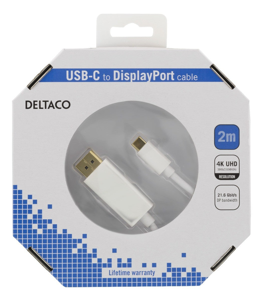 DELTACO USBC-DP201-K USB-C naar DisplayPort kabel 4K UHD HDCP 3D - 2 meter - Wit