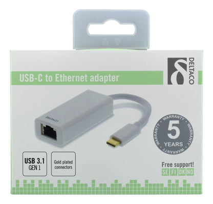 DELTACO USBC-GIGA1 USB 3.1 Netwerk Adapter, Gigabit, 1xRJ45, wit