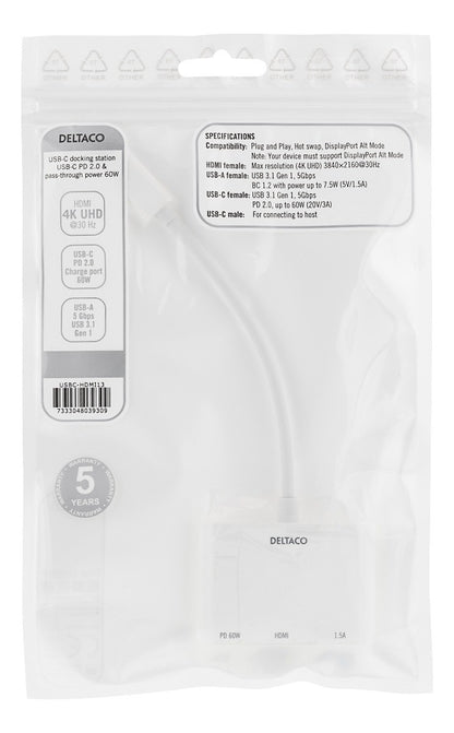 DELTACO USBC-HDMI13 USB-C Docking Station - HDMI 4K 30Hz - USB 3.1 Gen 1 - USB-C PD 60W - White