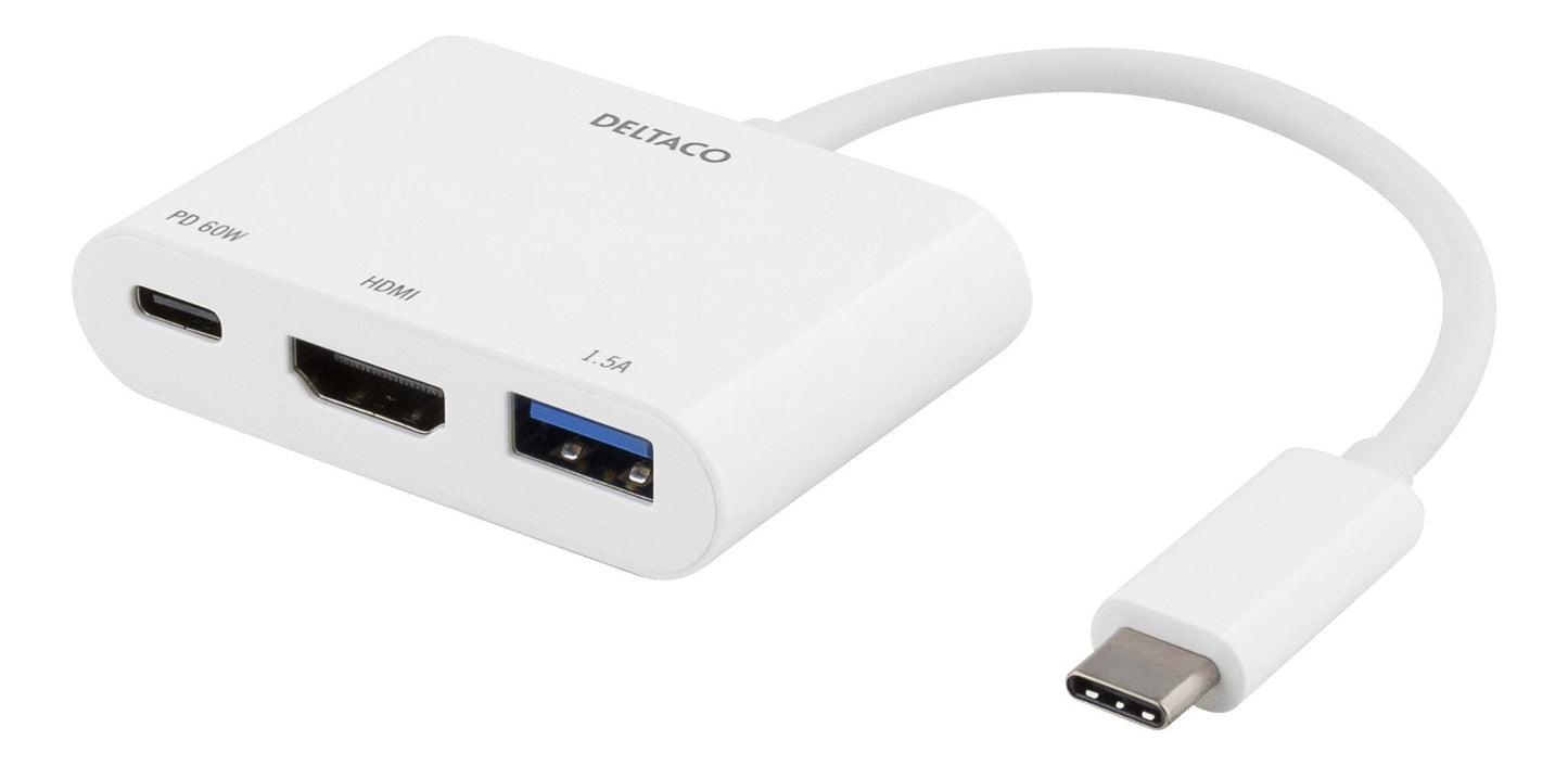 DELTACO USBC-HDMI13 USB-C Docking Station - HDMI 4K 30Hz - USB 3.1 Gen 1 - USB-C PD 60W - White