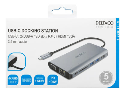 DELTACO USBC-HDMI18 USB-C naar HDMI VGA / USB / RJ45 / SD-adapter - PD3 - 3840x2160 30 Hz - Spacegrijs