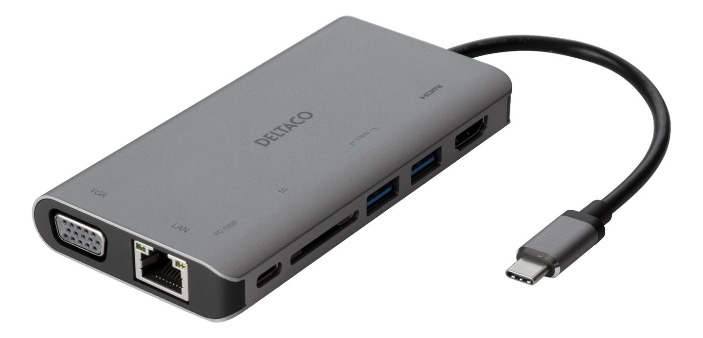 DELTACO USBC-HDMI18 USB-C naar HDMI VGA / USB / RJ45 / SD-adapter - PD3 - 3840x2160 30 Hz - Spacegrijs