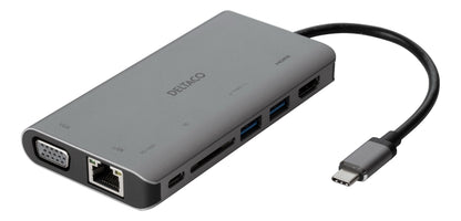 DELTACO USBC-HDMI18 USB-C naar HDMI VGA / USB / RJ45 / SD-adapter - PD3 - 3840x2160 30 Hz - Spacegrijs