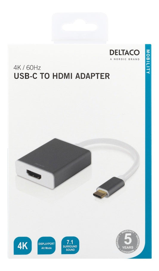 DELTACO USBC-HDMI9 USB-C naar HDMI adapter - 4K 60Hz - DisplayPort Alt Mode - 7.1 Surround Sound
