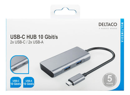 Deltaco USBC-HUB201 USB-C naar 2 x USB, 2x USB-C - 3.1 GEN 2 - Spacegray
