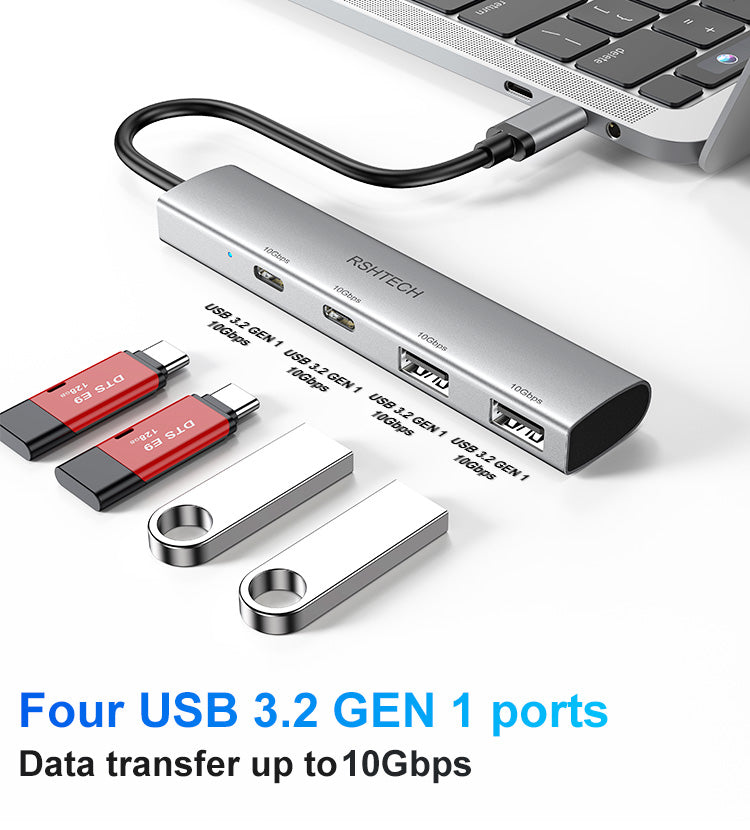 NÖRDIC USBC-HUB84 USB-C hub 1 naar 4 - 10Gbps - 2xUSB-A - USB 3.2 Gen 2 -  2xUSB-C - Space Grey