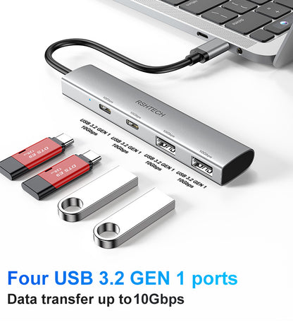 NÖRDIC USBC-HUB84 USB-C hub 1 naar 4 - 10Gbps - 2xUSB-A - USB 3.2 Gen 2 -  2xUSB-C - Space Grey