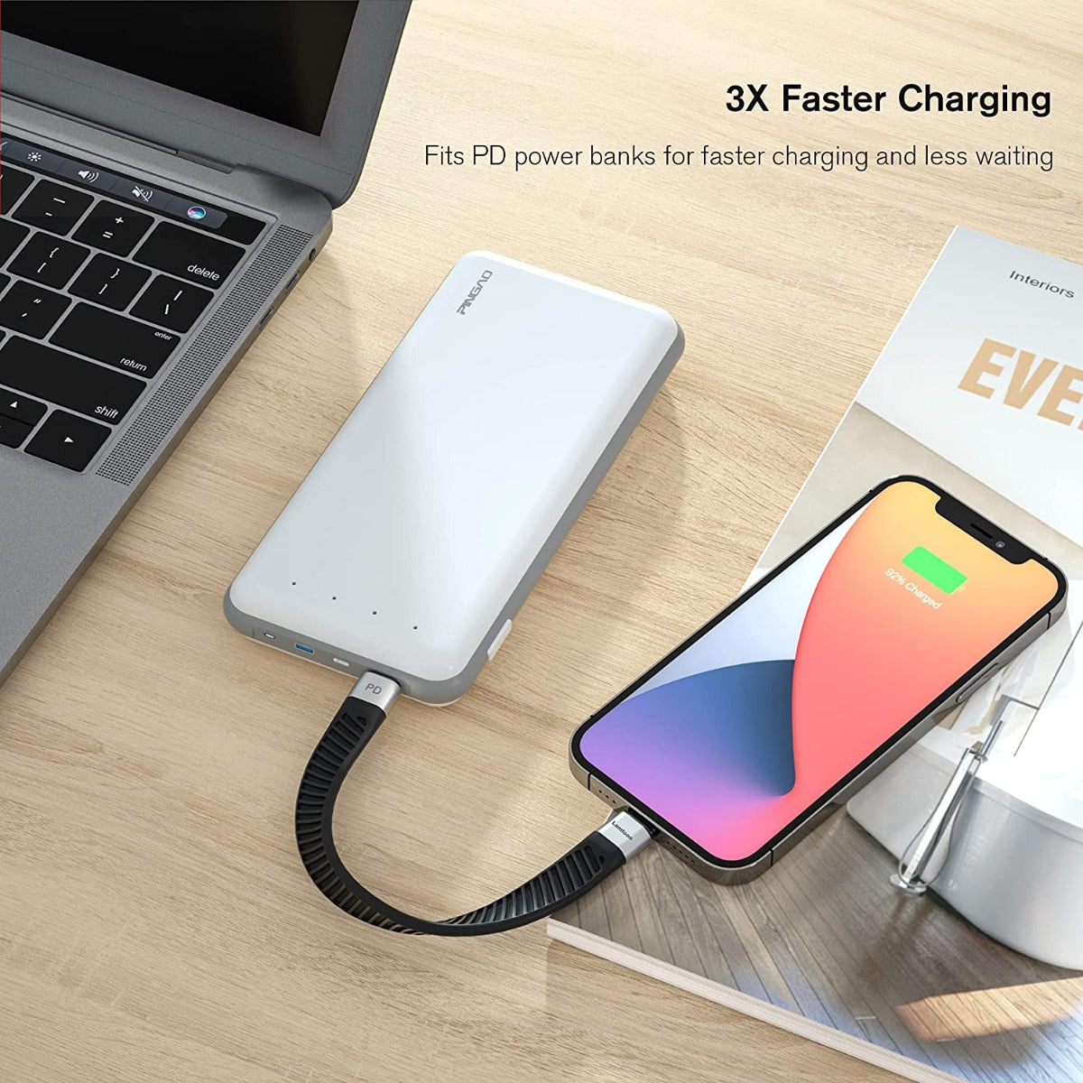 NÖRDIC - Platte USB-C naar Lightning kabel - 14cm - Snelladen - Power Delivery 18W - Chipset C94