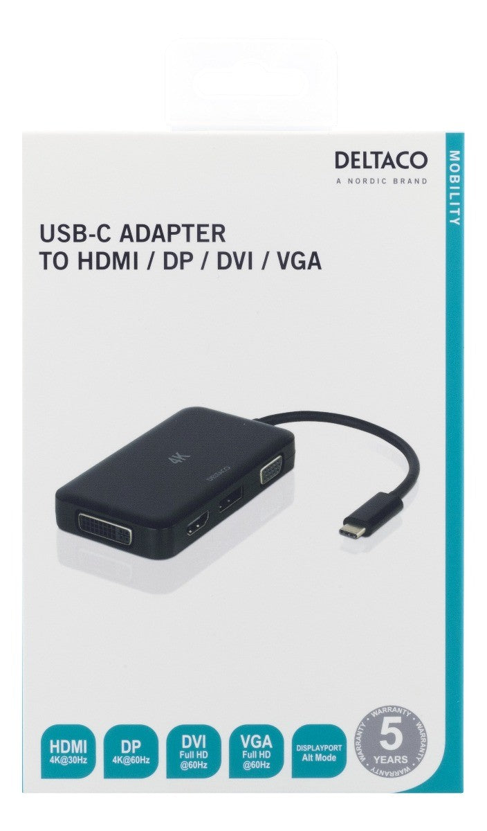 DELTACO USBC-MULTI USB-C adapter naar HDMI / DP / DVI / VGA - 4K - Zwart