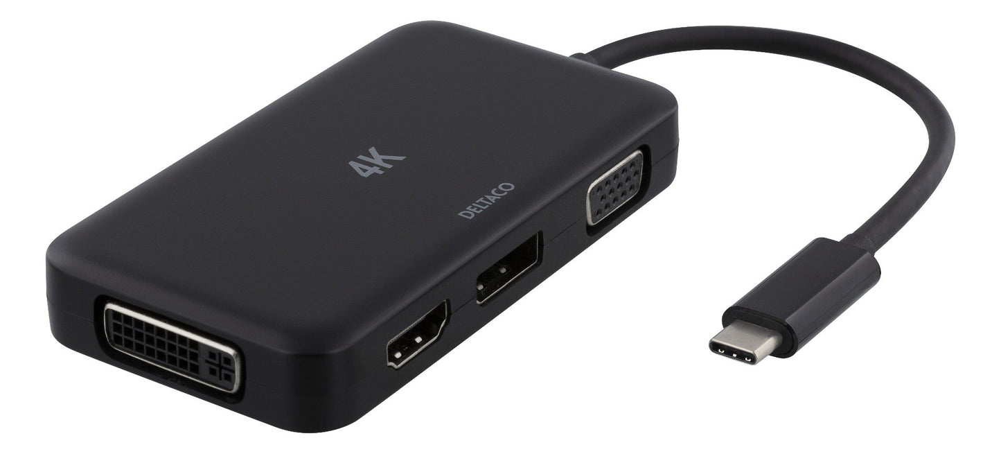 DELTACO USBC-MULTI USB-C adapter naar HDMI / DP / DVI / VGA - 4K - Zwart