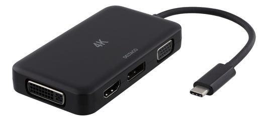 DELTACO USBC-MULTI USB-C adapter naar HDMI / DP / DVI / VGA - 4K - Zwart