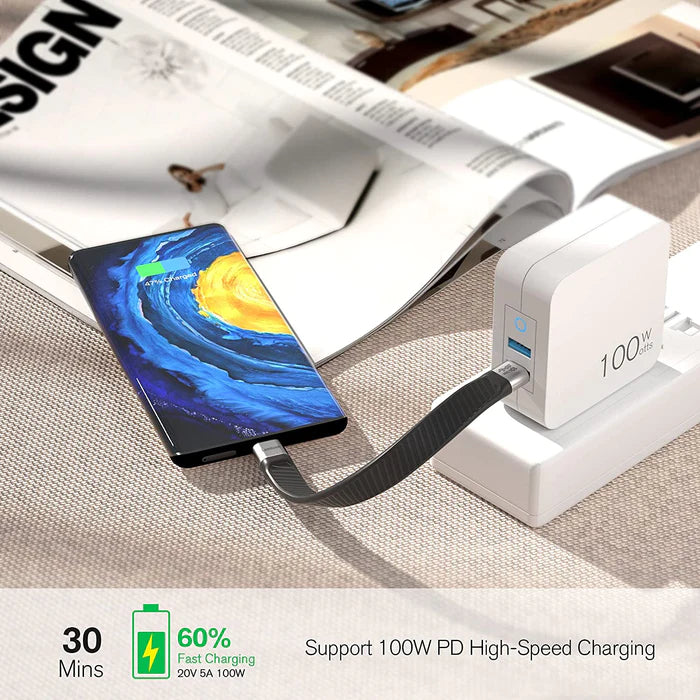 NÖRDIC USBC-N1049 - Platte USB-C naar USB-C adapter - USB3.2 Gen2 - 10Gb/s Data - 5A, 100W Stroom - 15cm - Zwart