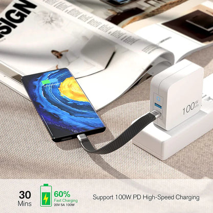 NÖRDIC USBC-N1049 - Platte USB-C naar USB-C adapter - USB3.2 Gen2 - 10Gb/s Data - 5A, 100W Stroom - 15cm - Zwart