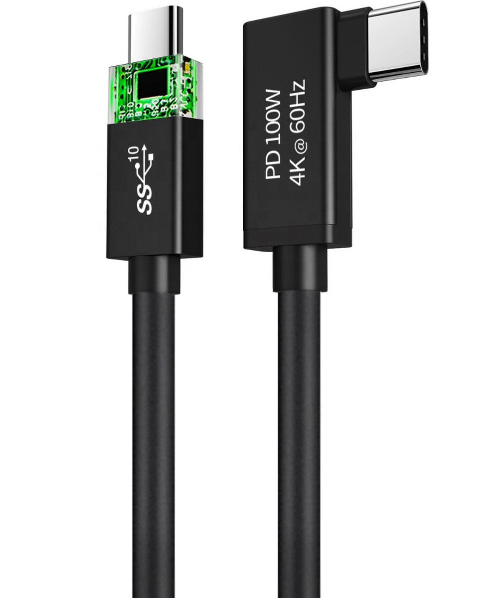 NÖRDIC USBC-N1111 USB-C naar USB-C kabel - Haakse connector - USB3.2 Gen2 - PD100W - 10Gbps - 50cm - Zwart