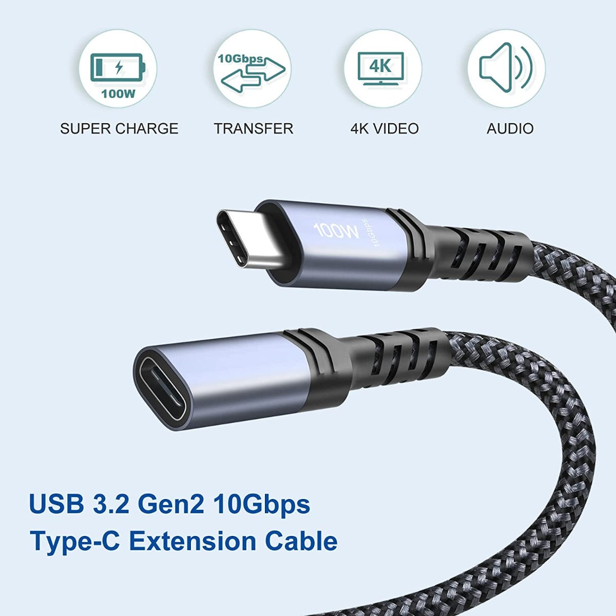 NÖRDIC USBC-N1153 - Nylon gevlochten USB-C verlengkabel 25cm - 100W Power Delivery - 4K60Hz video en Emarker - 10Gbps