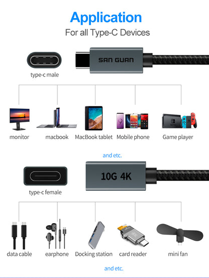 NÖRDIC USBC-N1163 USB-C verlengkabel - USB3.2 Gen2 - Thunderbolt3 - 10Gbps - 100W - 20cm - Zwart