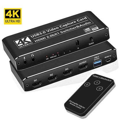 NÖRDIC VDCP-3 HDMI switch met Video Capture-functie - 3 naar 1 - HDMI2.0 4K60Hz - USB3.1 - Audio/Mic uitgang - Zwart