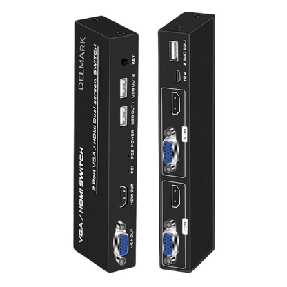Delmark KVM Switch HDMI & VGA – Voor 2 PC's naar 2 Monitoren – Dual monitor schakelaar – Inclusief desktop switch knop & kabels