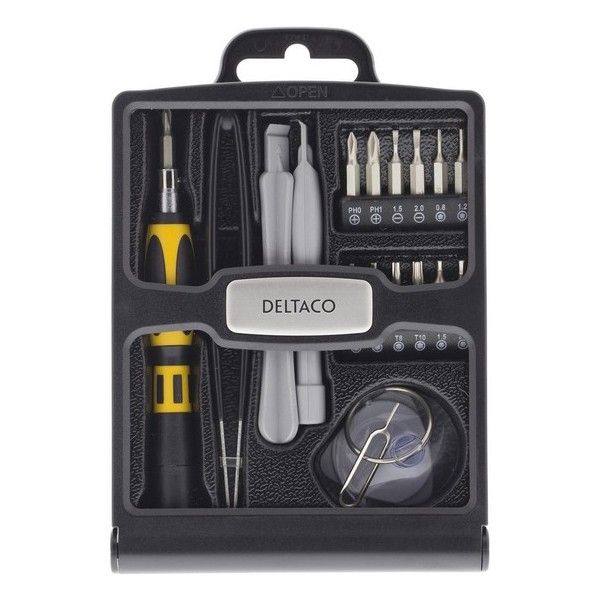DELTACO VK-36 Tablet and Smartphone Repair Tool Kit, 20 Pieces, Storage Box, Black