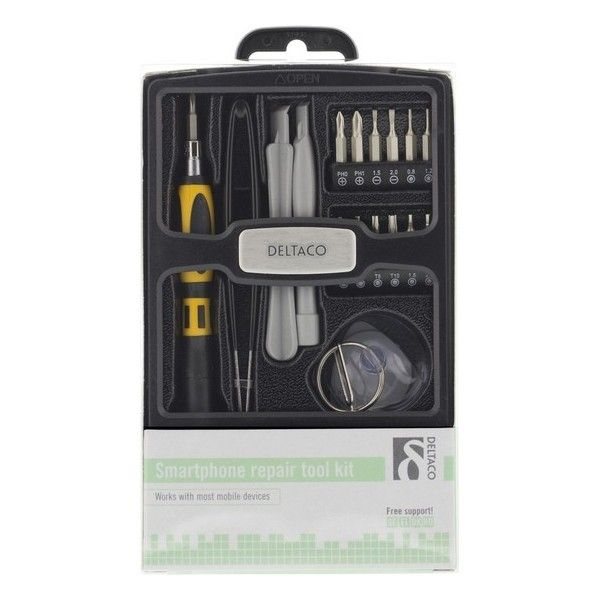 DELTACO VK-36 Tablet and Smartphone Repair Tool Kit, 20 Pieces, Storage Box, Black